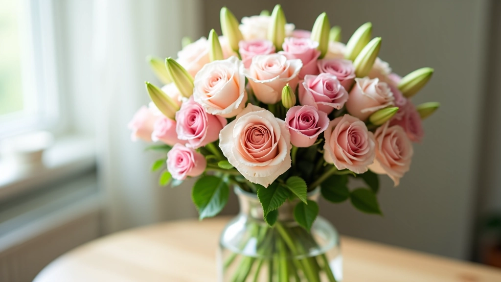 A finished flower arrangement displayed on a wooden table with water bottle and care instructions visible nearby