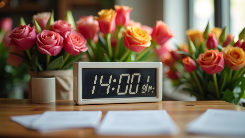 Digital clock showing 2 PM cutoff time on florist shop counter with order forms and flower arrangements nearby