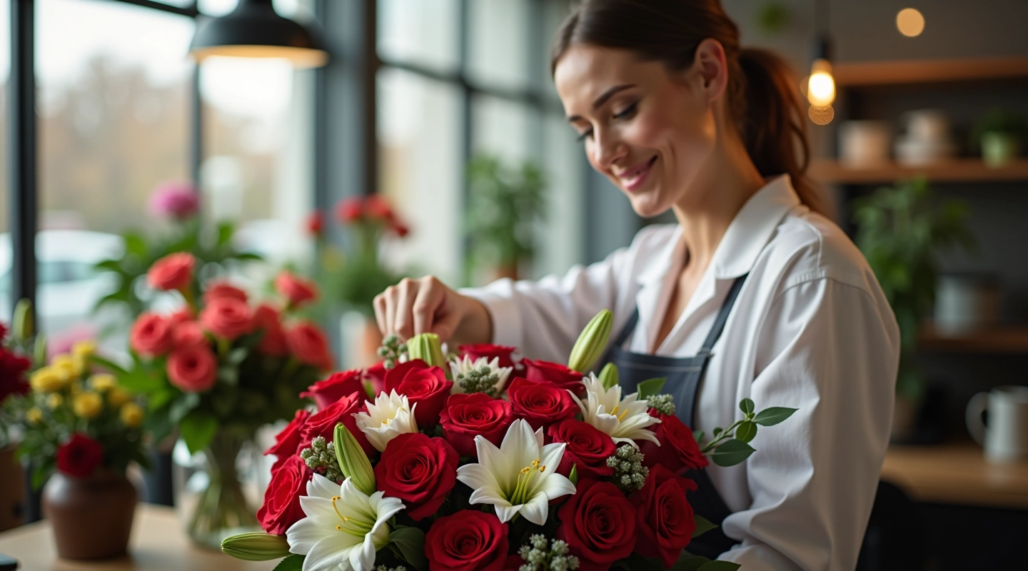Expert florist arranging personalized name day rose and lily bouquets in our Kaunas workshop