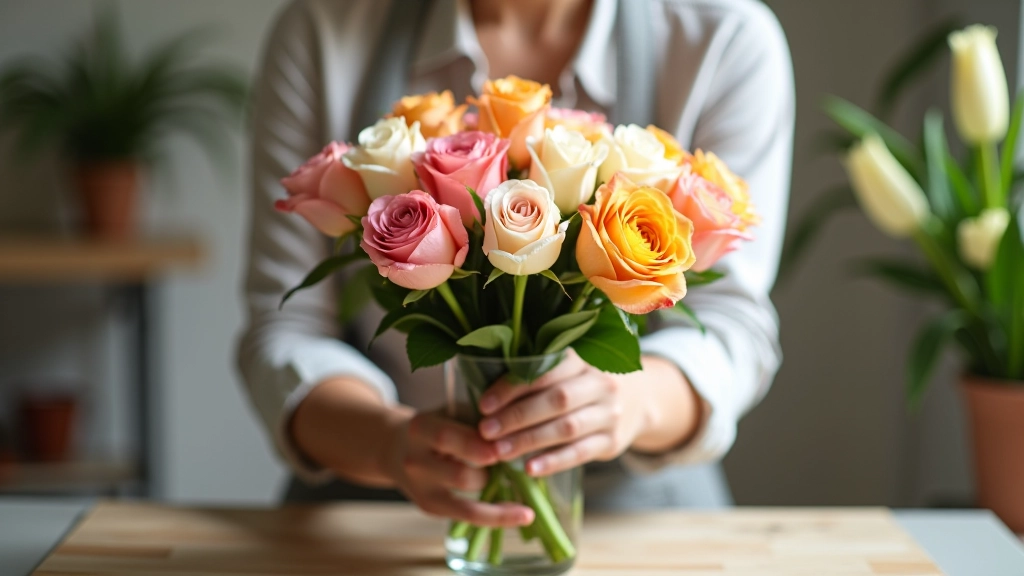 Florist carefully arranging colorful flowers in a clear glass vase on a white wooden table