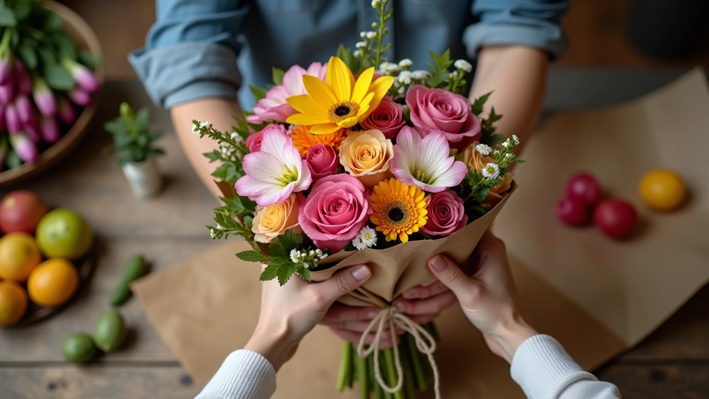 Hands carefully wrapping a mixed bouquet with green paper and ribbon on wooden workbench