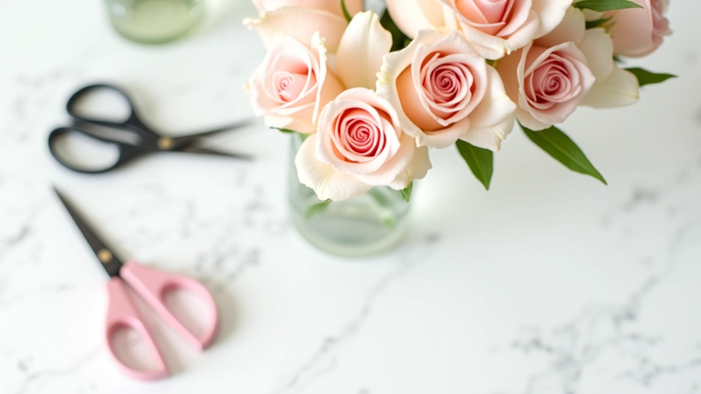 Assorted floral arranging tools including sharp scissors, flower tape, and a clear glass vase on white marble surface