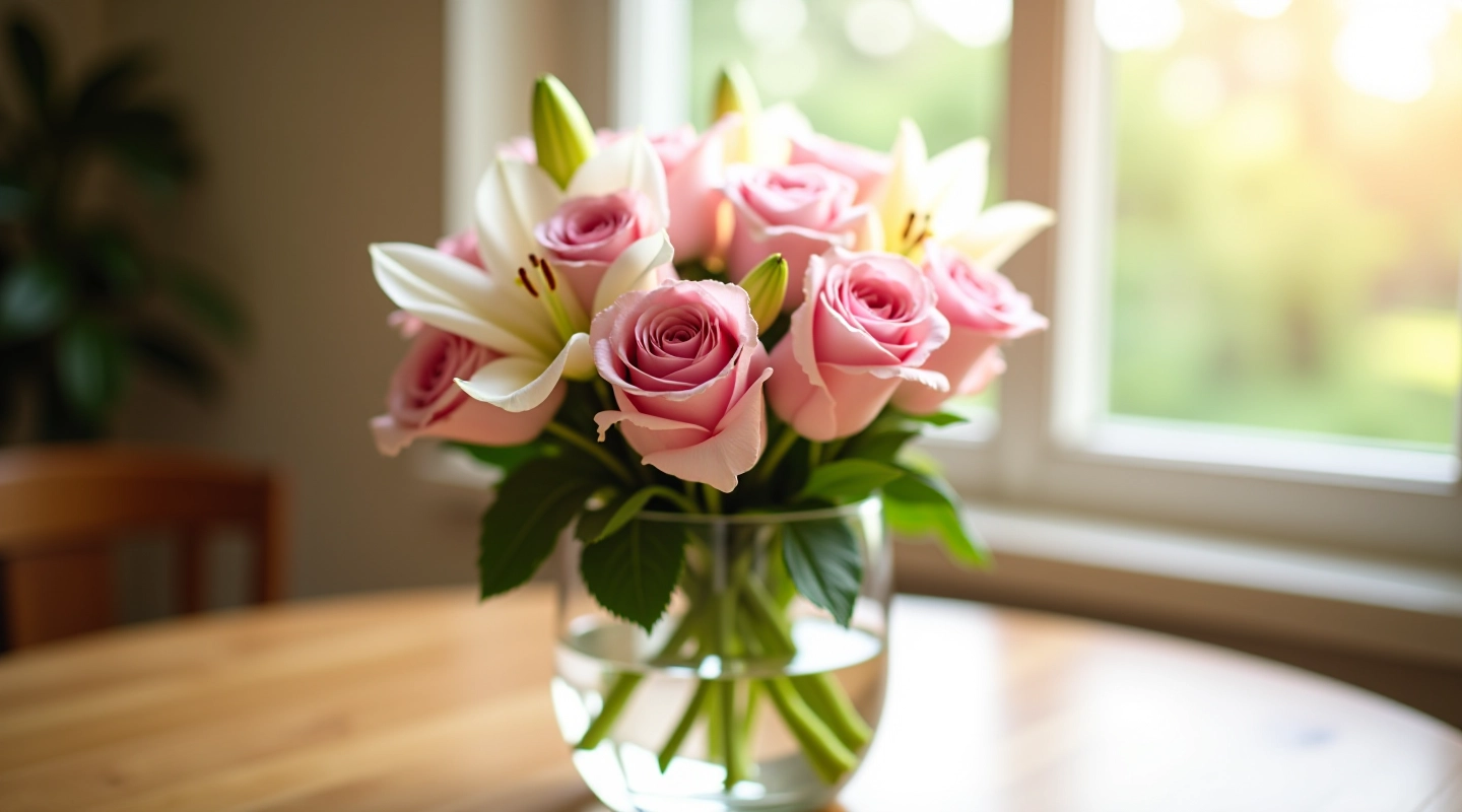 Beautiful fresh rose and lily bouquet with green foliage in elegant arrangement, natural daylight