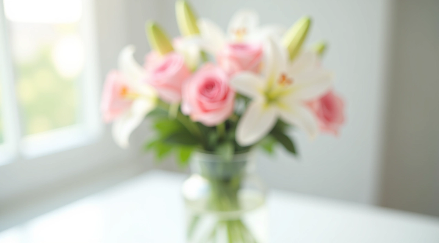 Fresh roses and lilies arranged in a clear glass vase on white table with natural morning light