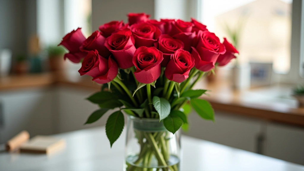 Fresh red roses in clear glass vase with water droplets, being trimmed with florist shears at kitchen counter with care instruction card nearby