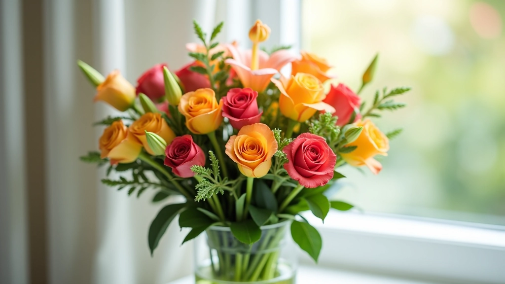 Fresh cut flower stems at different angles, ready for arrangement in clear water with greenery visible