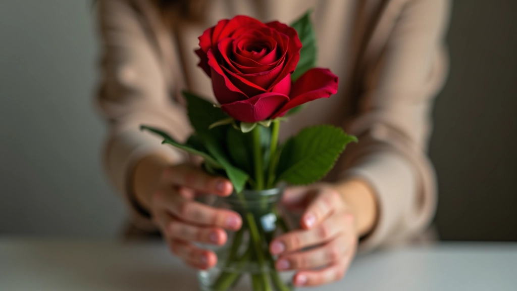 Hands positioning a rose into a vase with greenery already arranged as base structure