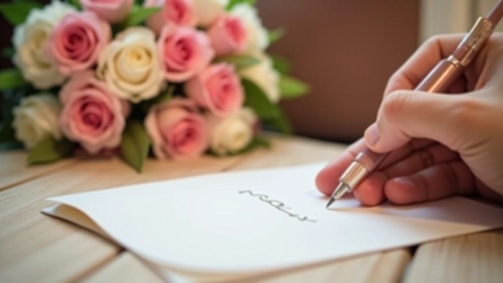 Hands writing a heartfelt message on a gift card with a pen next to a bouquet of fresh flowers