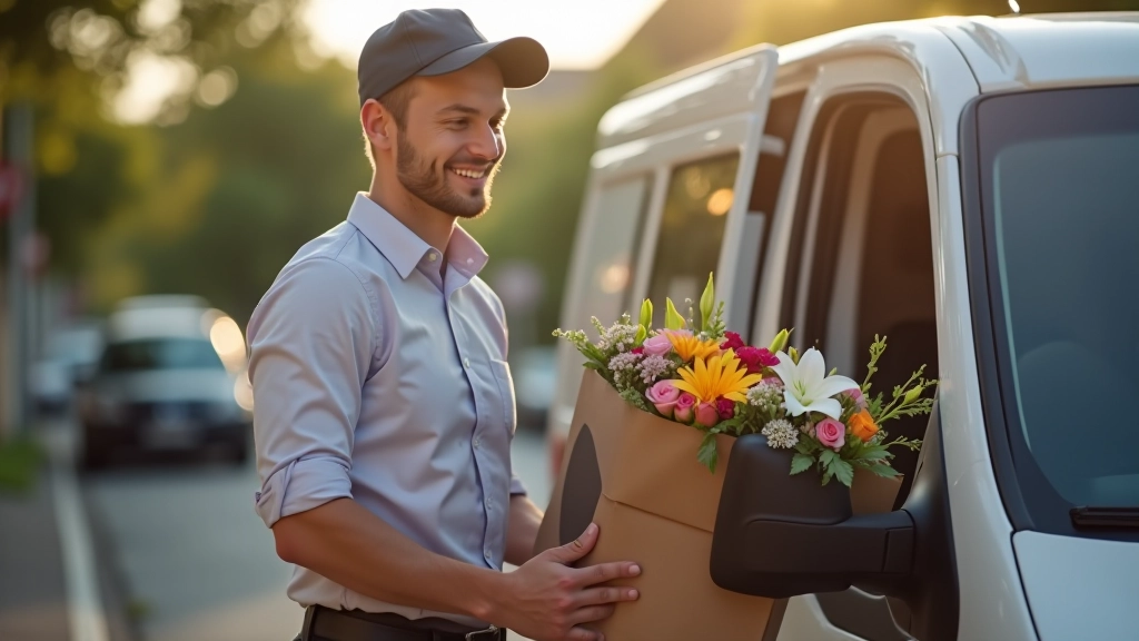 Florist driver in van checking delivery address on tablet with flower box ready for same-day delivery in vehicle