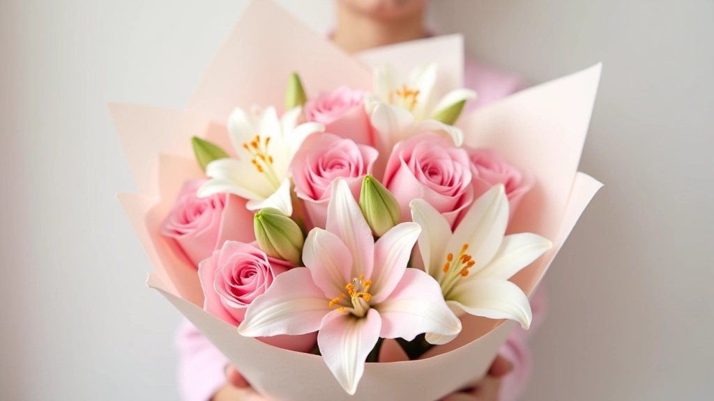 Vibrant bouquet of mixed pink roses and white lilies arranged together in tissue paper, ready for delivery, against a neutral background
