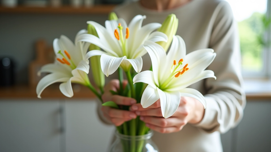 Person arranging white lilies in a clear glass vase on a kitchen counter, hands carefully removing stamens, natural afternoon light
