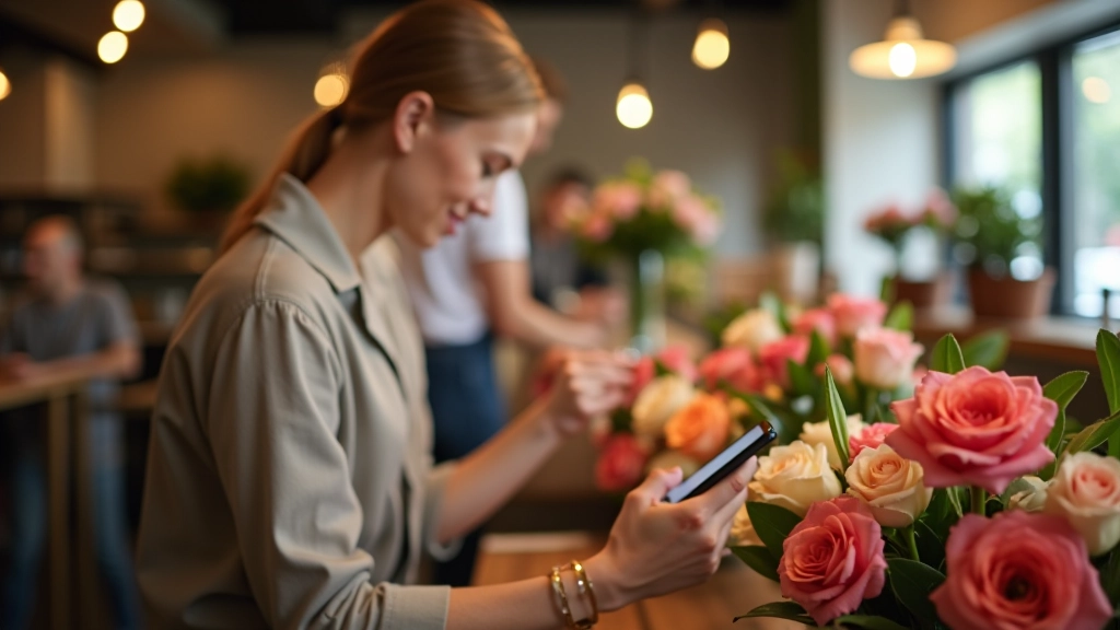 Person holding phone while florist checks order details at counter with flowers in background