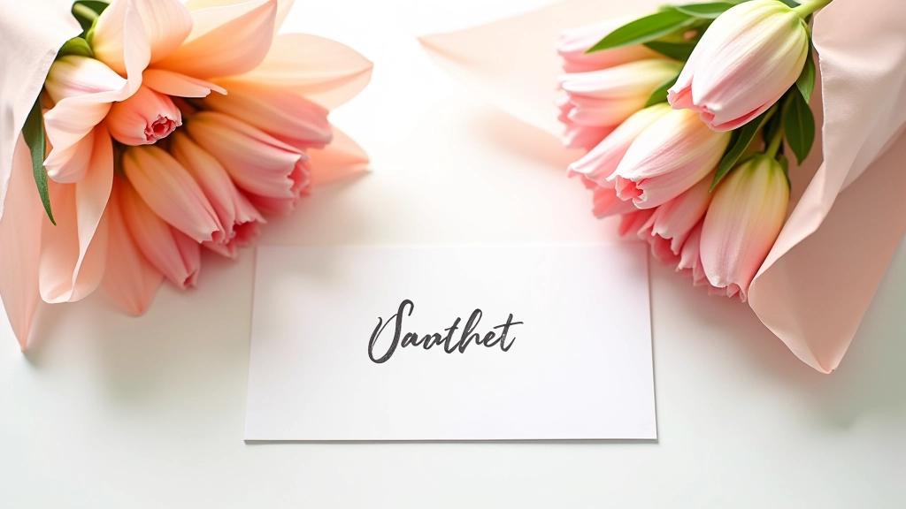 Personalized gift tag with handwritten message next to wrapped bouquet on white background