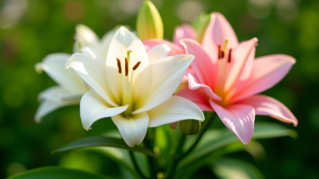 White and pink lilies blooming in a garden setting with green foliage, natural sunlight illuminating the delicate petals