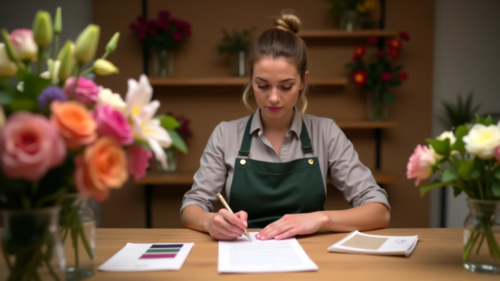 Woman writing recipient address details on order form at florist desk with color swatches and flower catalogs spread out