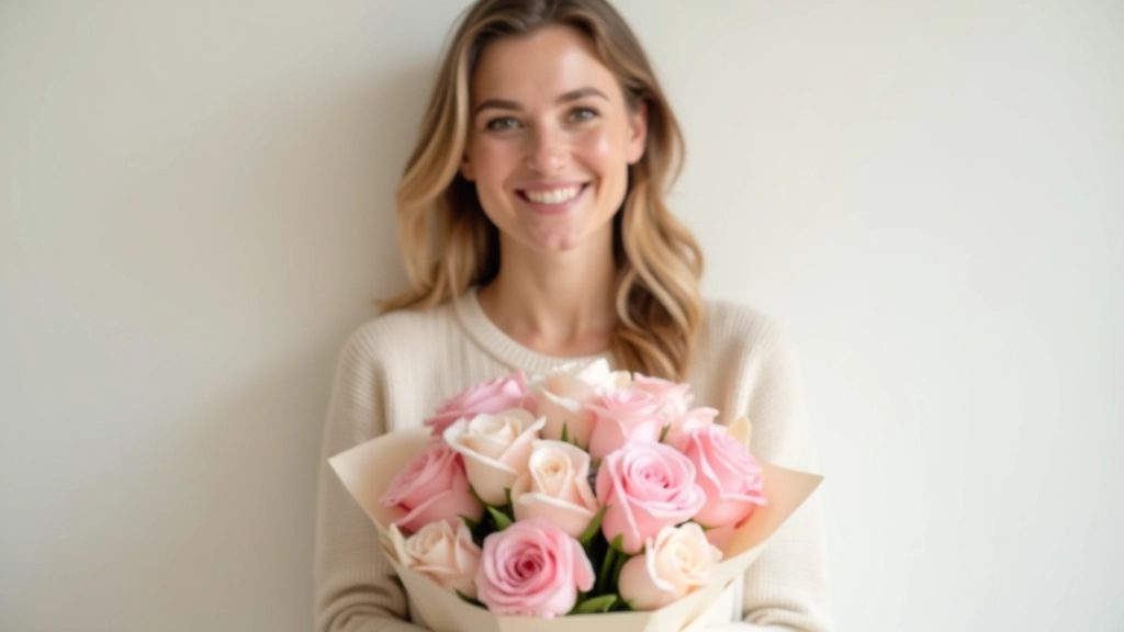 Person holding a beautifully wrapped bouquet tied with a silk ribbon, smiling with satisfaction